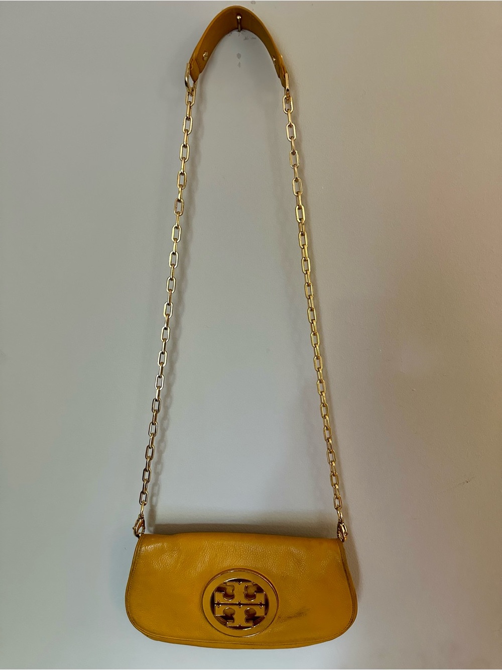 Tory Burch Mustard Yellow Leather Shoulder Bag with Gold Chain